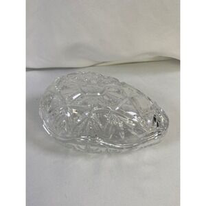Vintage Clear Cut Glass Egg Trinket Box Starburst Diamond Pattern Lidded Dish